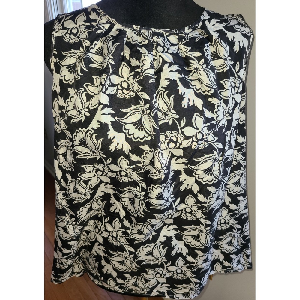 TALBOTS Black White Floral Silk Sleeveless 100% Silk Button Back Women's Sz 16WP